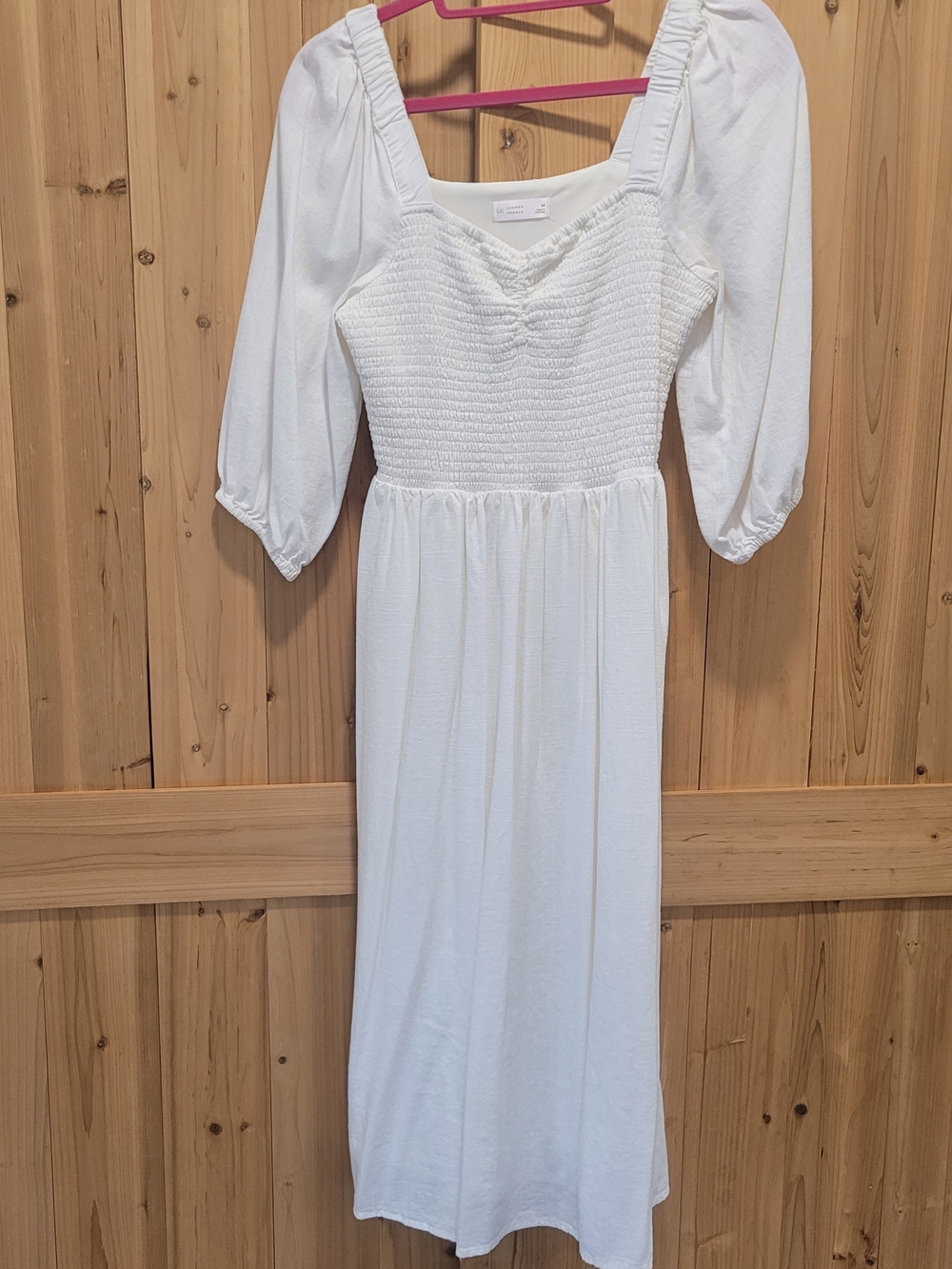 LC Lauren Conrad White Smocked Midi Dress with Puff Sleeves and Square Neck
